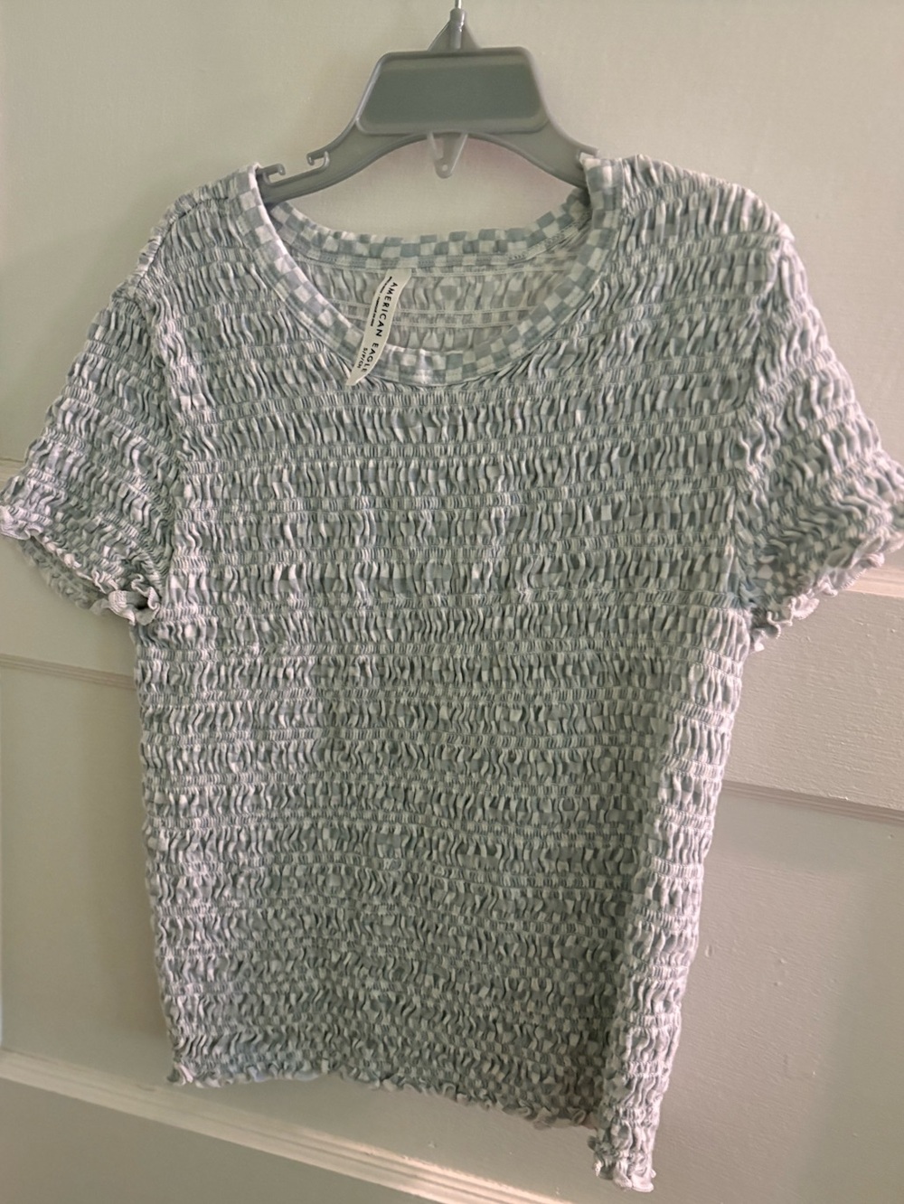 American Eagle Short Sleeve Top - Light Blue and white check